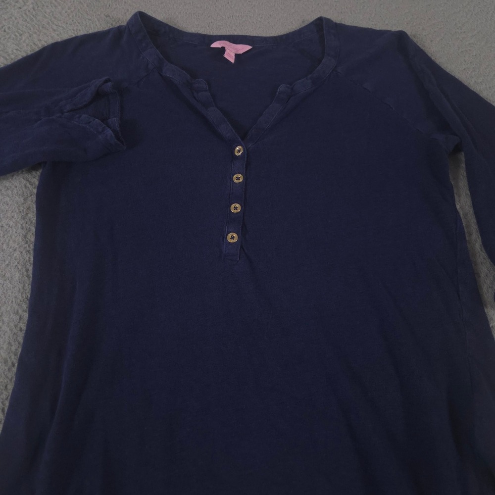 Lilly Pulitzer Top Women Medium Navy Janelle Henley 3/4 Sleeve Linen Gold Button